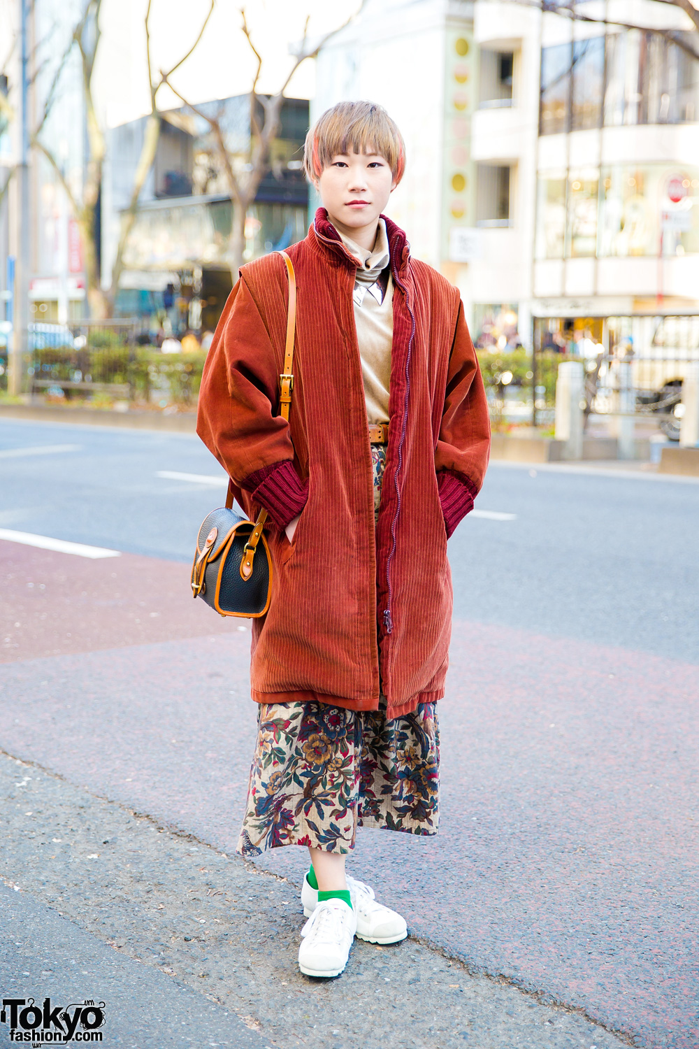 Japanese Casual Winter Style w/ Orange Coat, Bayson Floral Print Pants & Dooney&Bourke Leather Sling Bag