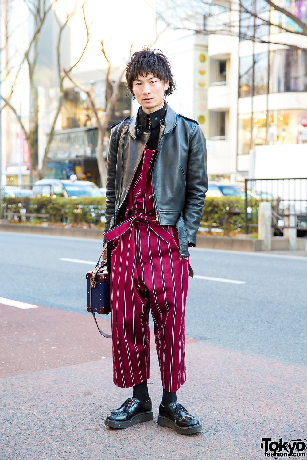 Striped Vivienne Westwood Jumpsuit, Leather Jacket & George Cox Creepers in Harajuku