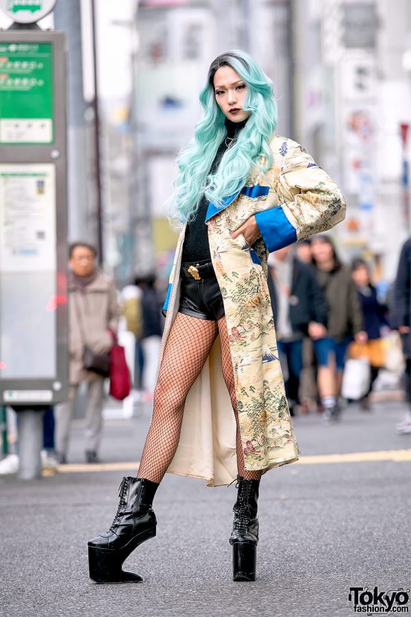 Aqua-Haired Harajuku Student in Vintage Japanese Coat, Takenoko Shorts & Super Tall Heel Less Heels
