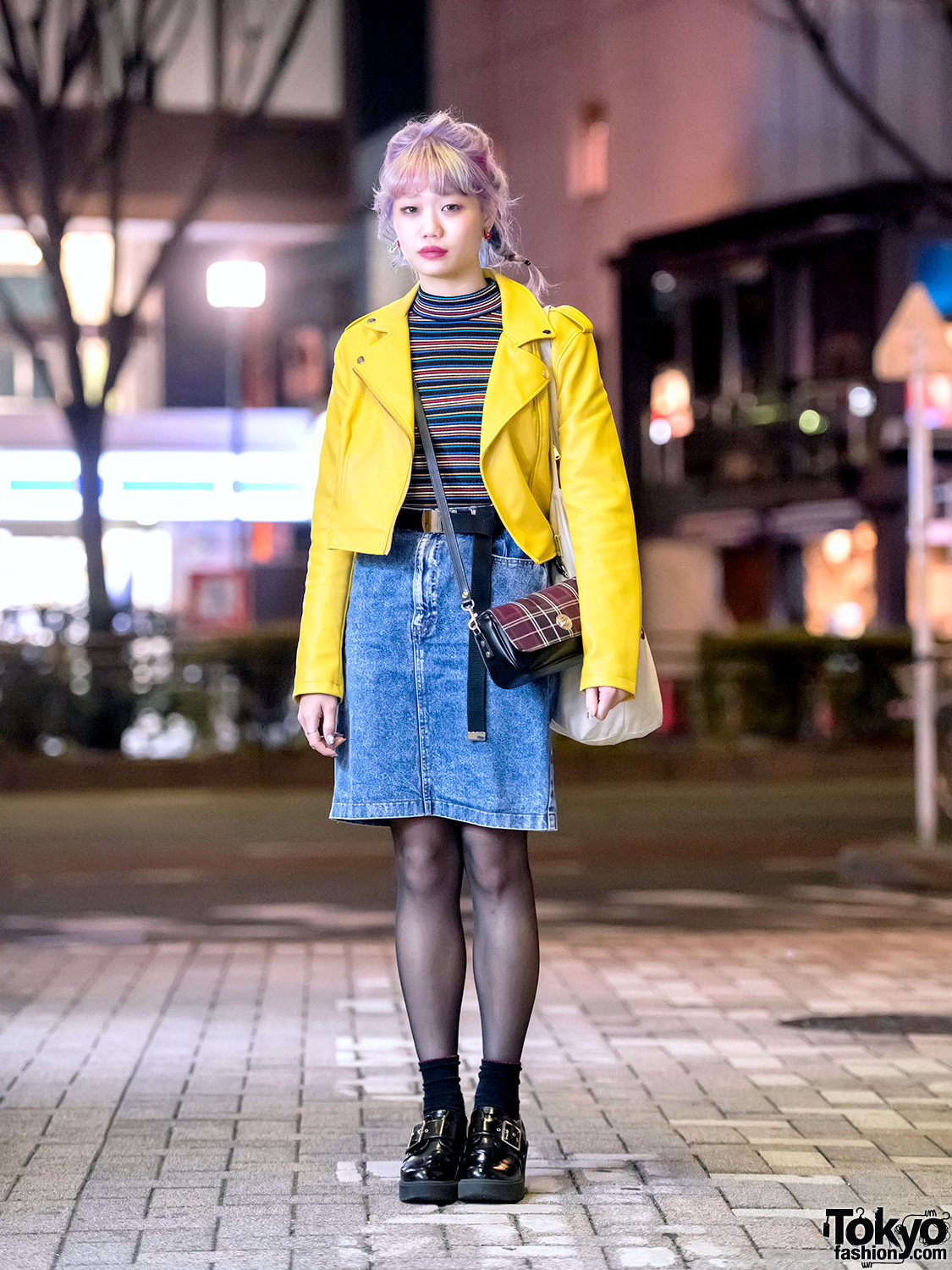 Harajuku Girl w/ Pastel Rainbow Braids Hair, Yellow Leather Jacket, Denim Skirt & Buckle Shoes