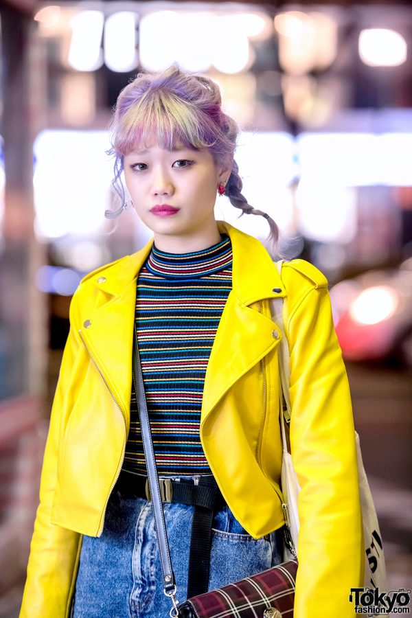 Harajuku Girl w/ Pastel Rainbow Braids Hair, Yellow Leather Jacket ...