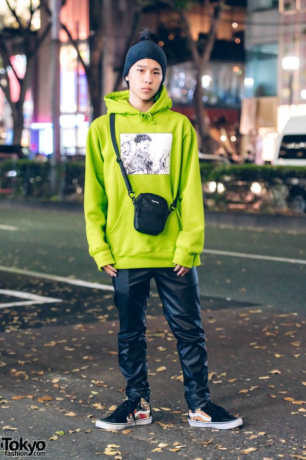 Harajuku Guy in Supreme Hoodie & Sling Bag, Kinji Pants & Supreme x Vans Sneakers
