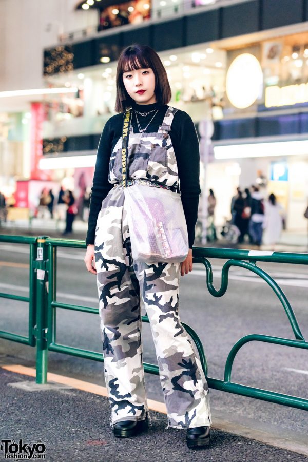 Harajuku Streetwear Style w/ GU Turtleneck Top, Camouflage Overalls & Oh Pearl Bag