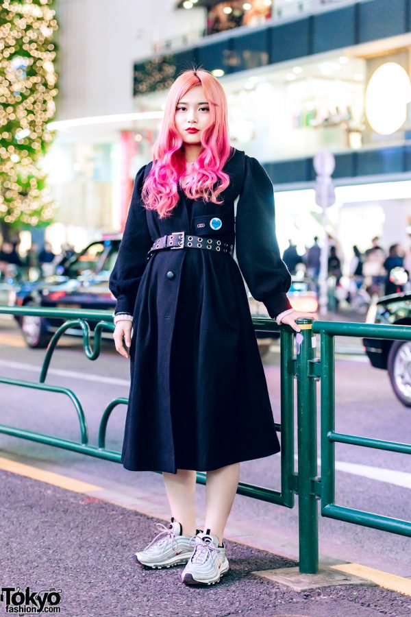 Harajuku Teen w/ Pink Hair, Vintage Coat Dress, Nike Sneakers & UNIF Rainbow Bag