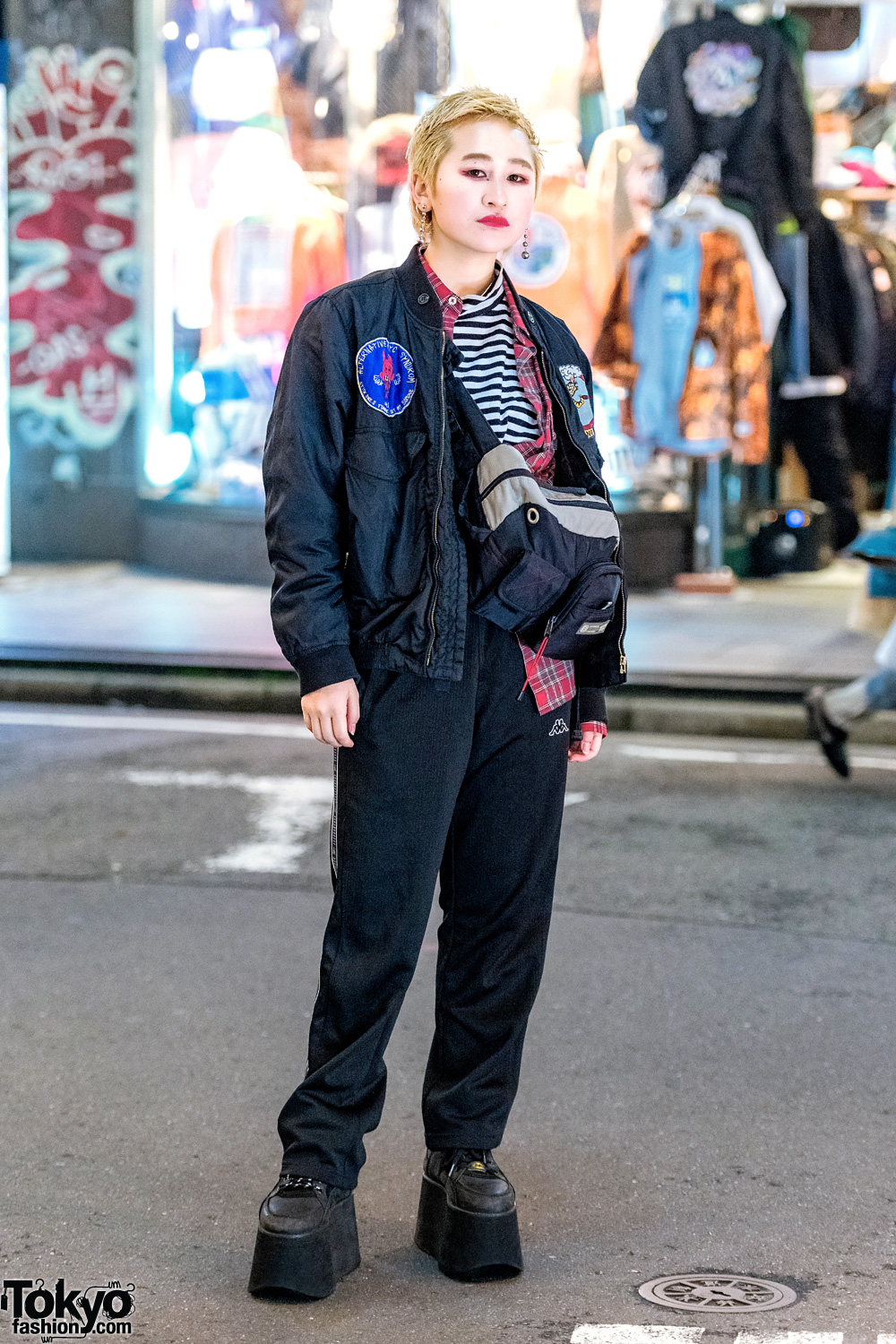 Harajuku Girl w/ Blonde Pixie Cut, RNA Bomber Jacket, Kappa Pants, & Buffalo Tall Platform Shoes