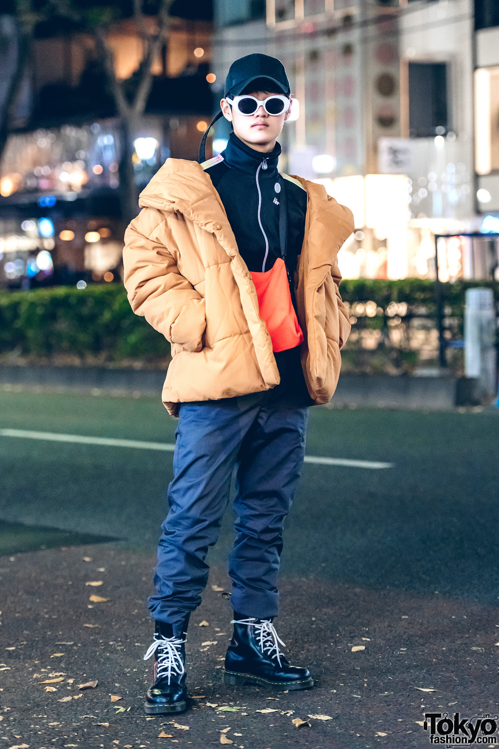 Cold-Weather Harajuku Street Style w/ Yellow Puffy Jacket, Black Zip-Up Top & Black Leather Combat Boots