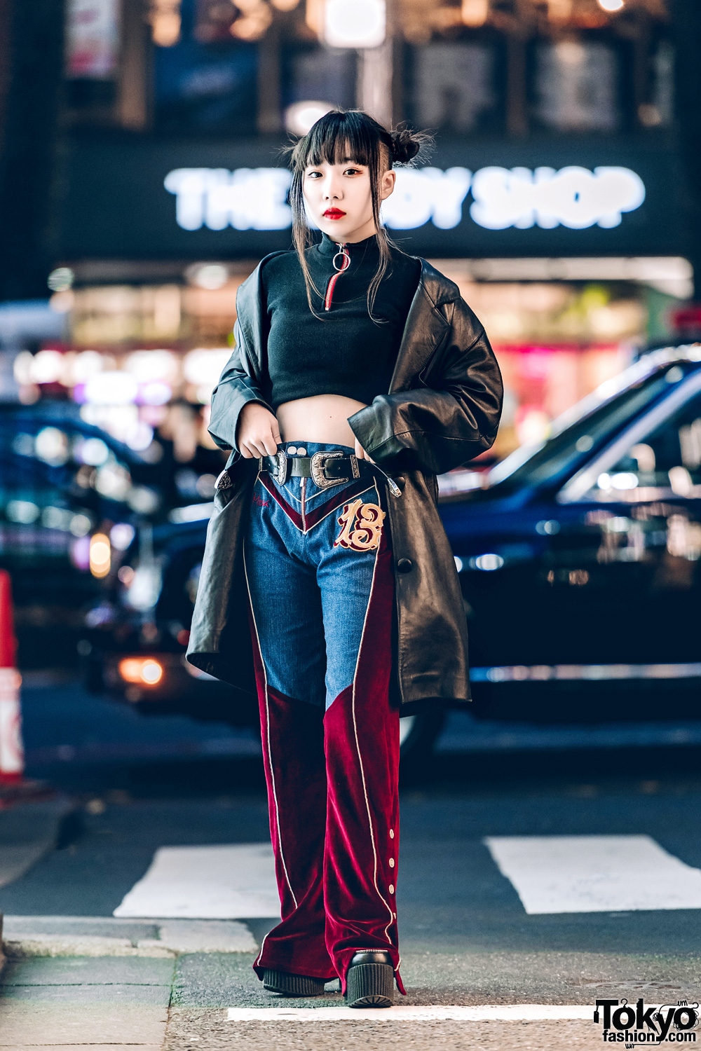 Harajuku Girls Streetwear w/ Black Leather Coat, XU Crop Top, Velvet Pants & Platforms