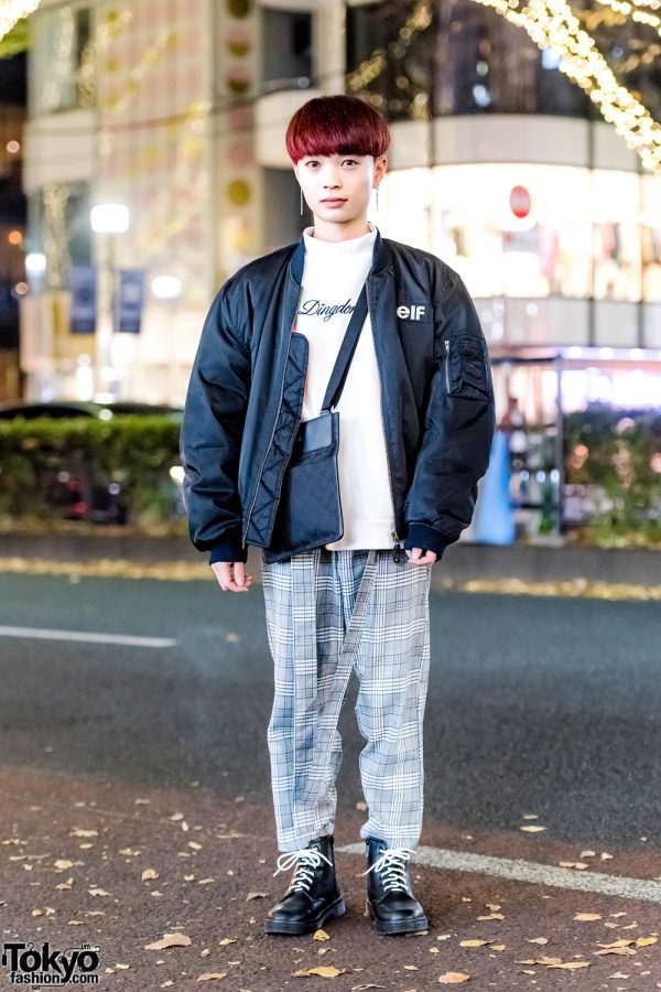 Harajuku Guy in Vintage Bomber Jacket, Plaid Pants, Gucci Bag & Vintage Lace-Up Boots