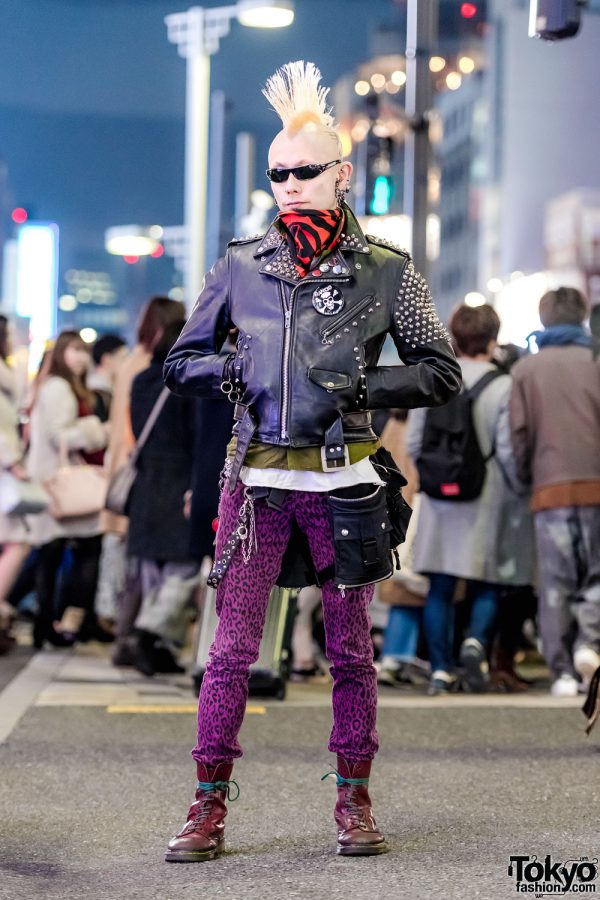 Punk Harajuku Streetwear Style w/ Blond Mohawk, Studded Black Leather Jacket, Animal Print Pants & Maroon Combat Boots