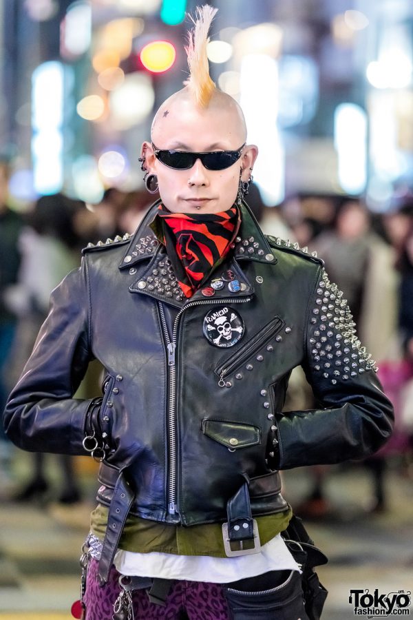 Punk Harajuku Streetwear Style w/ Blond Mohawk, Studded Black Leather