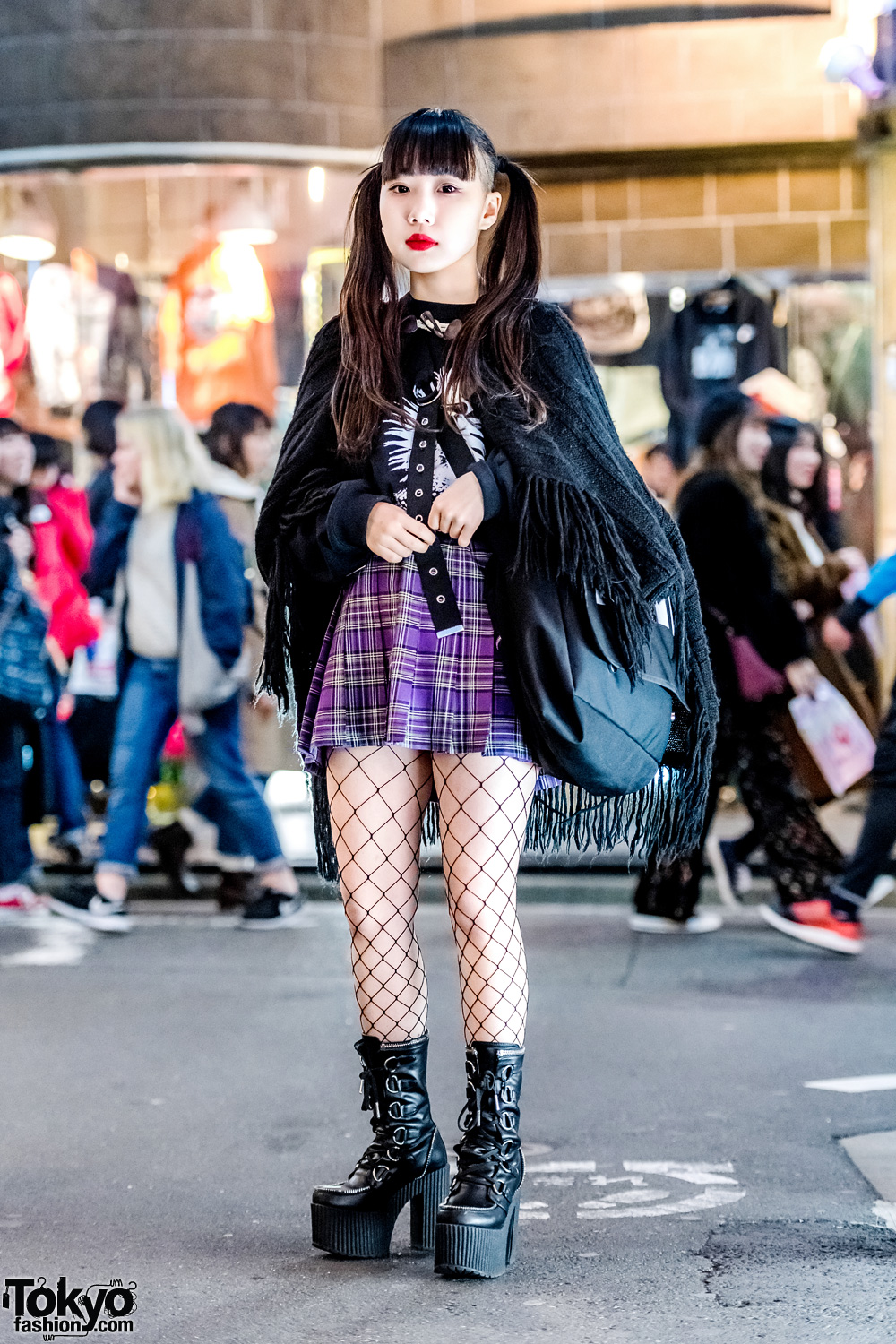 Harajuku Girl in Vintage Fringe Shawl, Plaid Skirt, Fishnet Stockings & Dolls Kill Platform Boots
