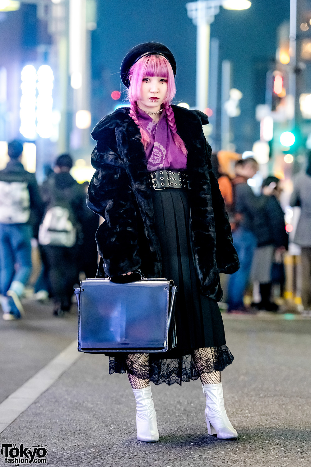 Pink-Haired Harajuku Girl in Vintage Street Style w/ Twin Braids, Black Velvet Coat, Purple Kimono Top, Black Pleated Skirt & Silver Boots