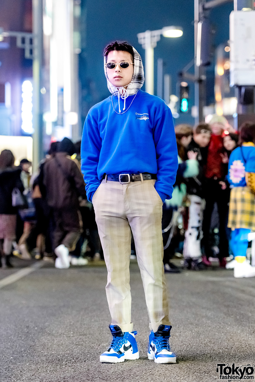 Harajuku Guy in Vintage National Geographic Sweater, Plaid Hoodie, Nike Plaid Pants & Undercover Sneakers