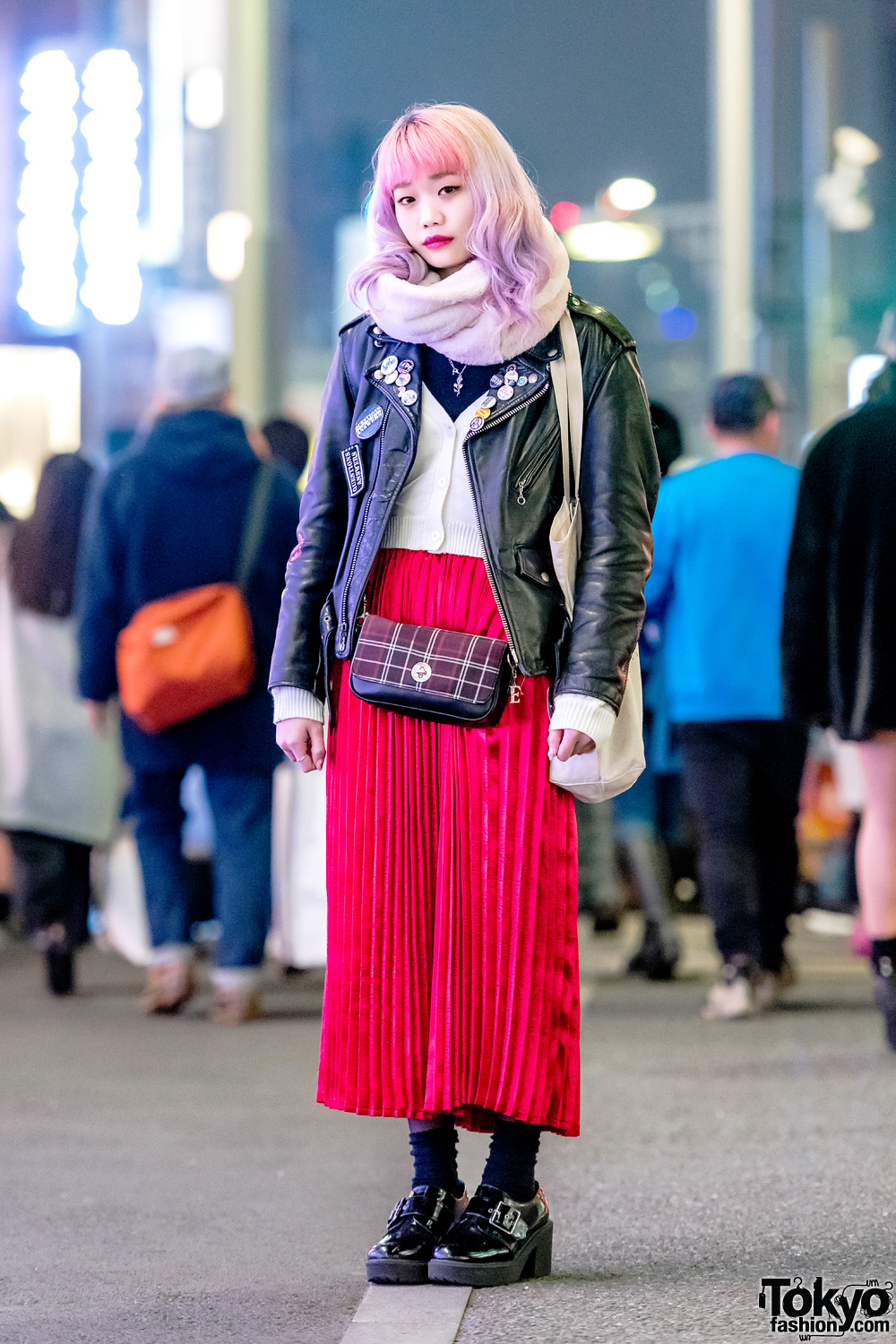 Elleanor in Harajuku w/ Schott Leather Jacket, WC Pleated Maxi Skirt & Fred Perry Bag