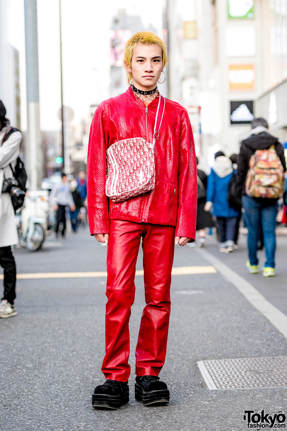 All Red Streetwear Style w/ Pinnap Snakeskin Jacket, Christian Dior Crossbody Bag & Never Mind the XU Platform Suede Shoes