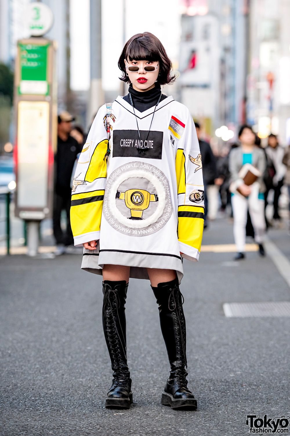 Harajuku Girl Street Style w/ W.I.A Creepy & Cute Shirt, Demonia Knee-High Boots, Opening Ceremony Tote & Dog Harajuku Sunglasses