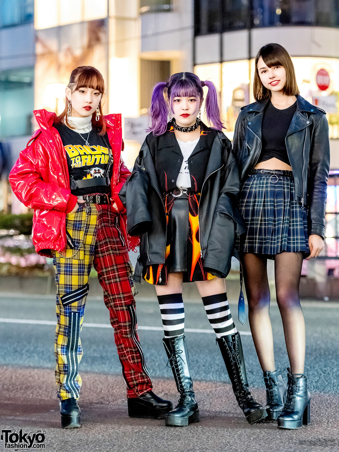 Harajuku Girl Trio in Streetwear Styles w/ Plaid Punk Pants, Flame Print Shirt & Plaid Skirt