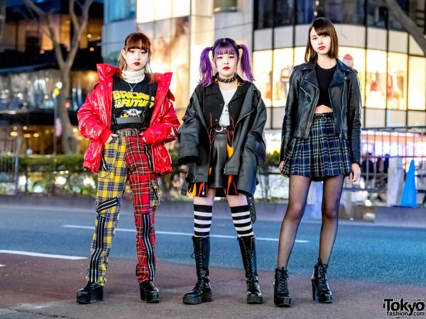 Harajuku Girl Trio in Streetwear Styles w/ Plaid Punk Pants, Flame ...