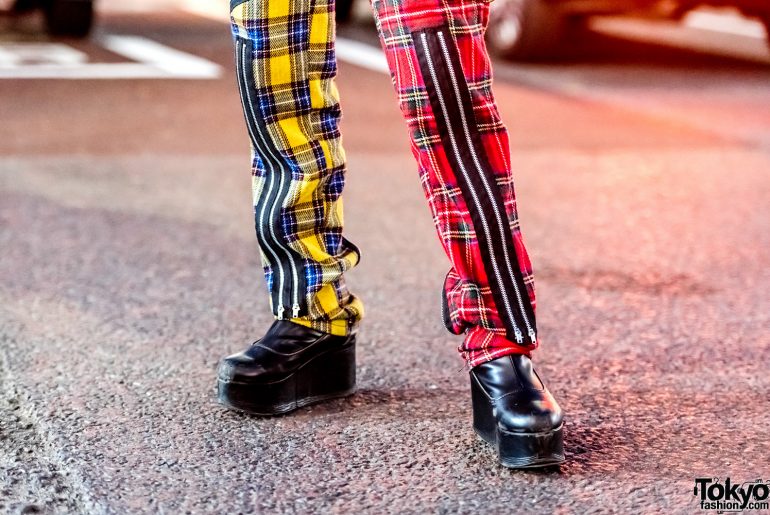 Harajuku Girl Trio in Streetwear Styles w/ Plaid Punk Pants, Flame ...