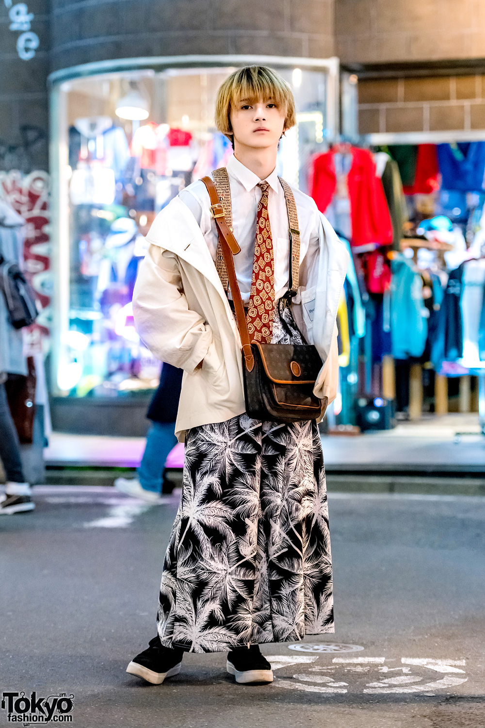 Blonde Harajuku Guy in Vintage Street Style w/ Neck Tie, Kenzia Crossbody Bag & Palm Tree Print Pants