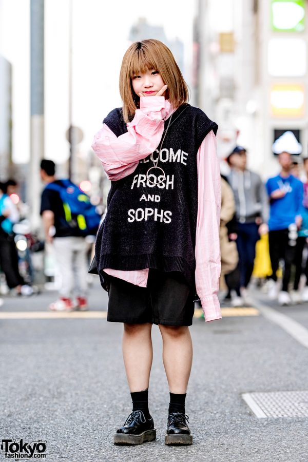 Harajuku Streetwear Style w/ Black Knit Vest, Pink Long-Sleeved Top & Black Leather Shoes