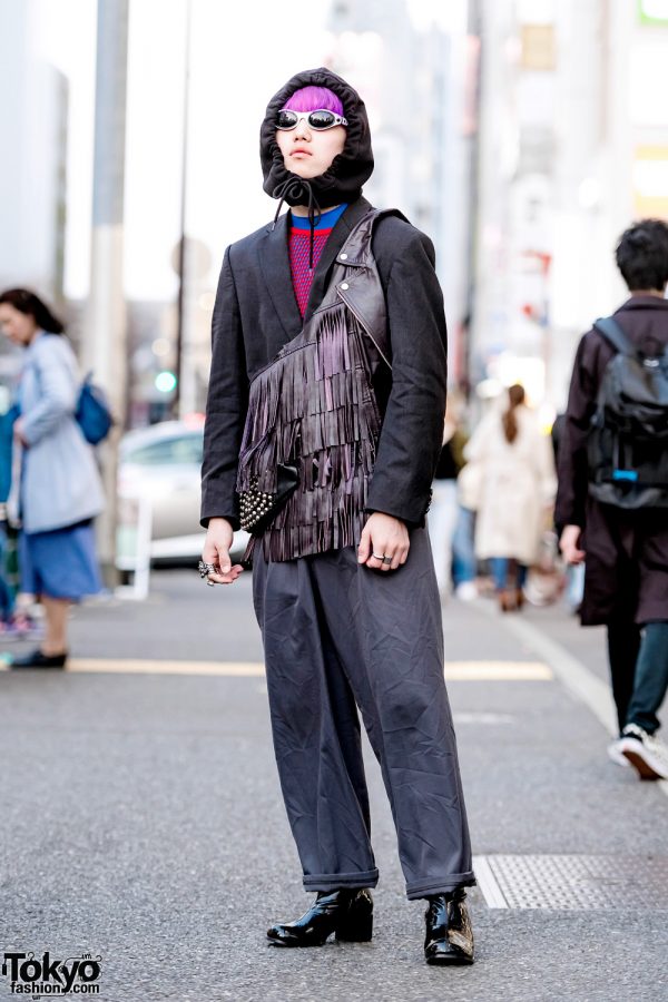 Harajuku Streetwear Style w/ Black Hood, Black Blazer, Fringe Vest & Black Boots