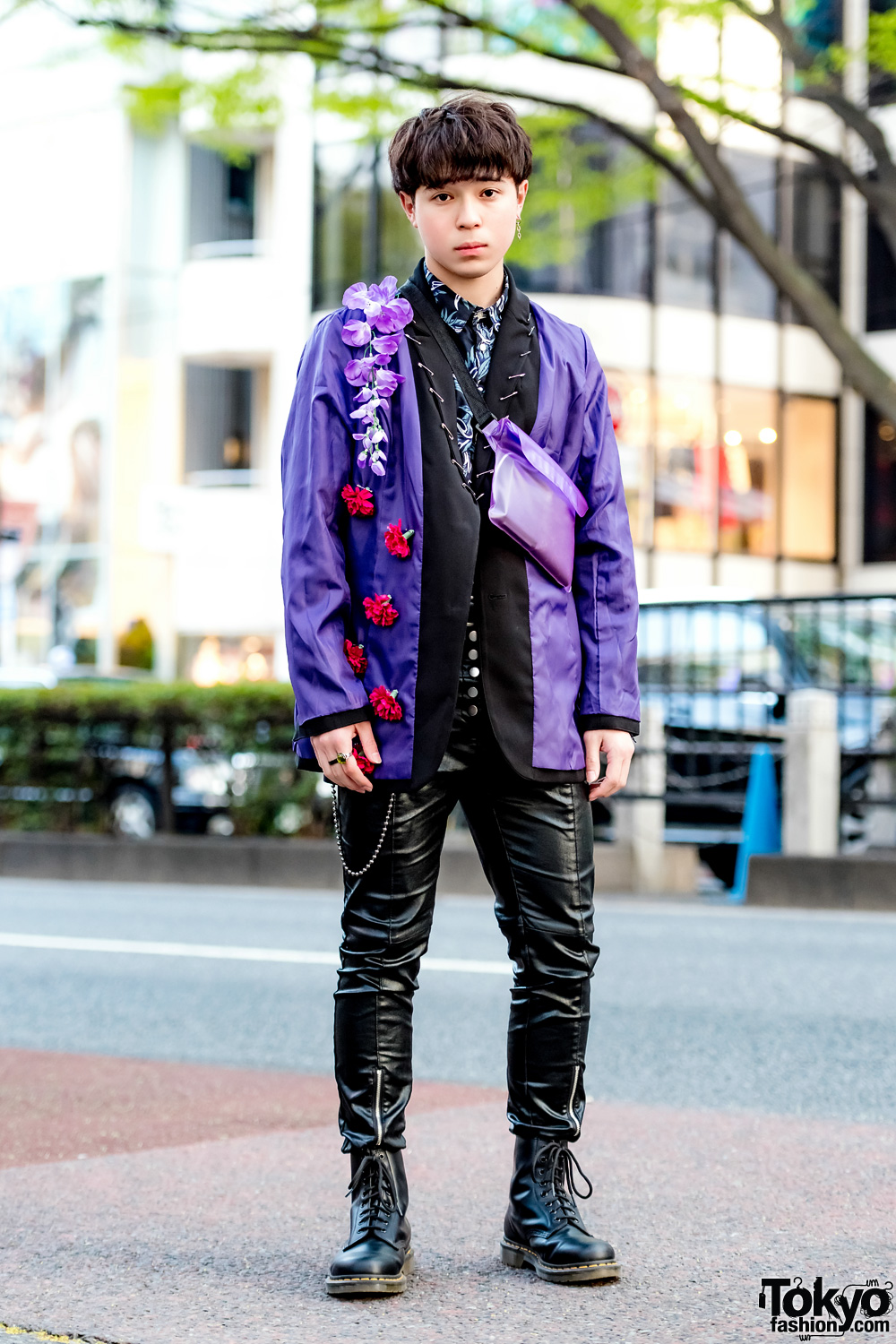 Handmade Floral Jacket & Black Leather Pants & Dr. Martens Harajuku Streetwear Style