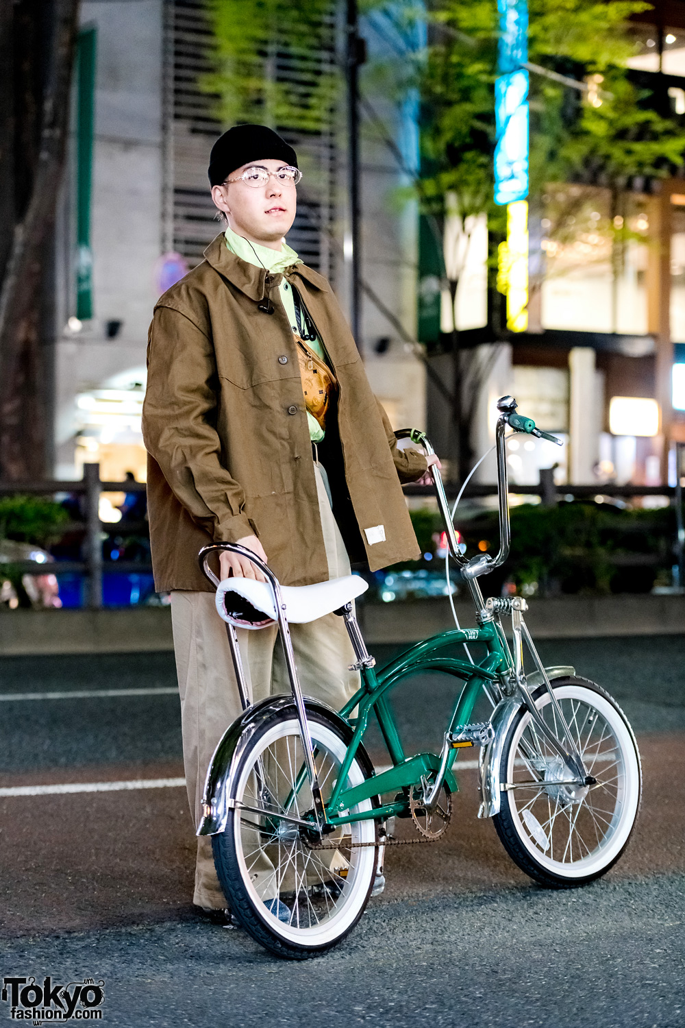 Harajuku Guy w/ Bicycle in Brown Jacket, Opening Ceremony Pants, MCM Bag & Nike Vapor Max Sneakers
