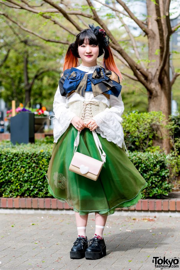 Japanese Fashion Student w/ Orange Twin Tails, Corset, Organza Skirt, Ruffle Blouse & Heart Handbag