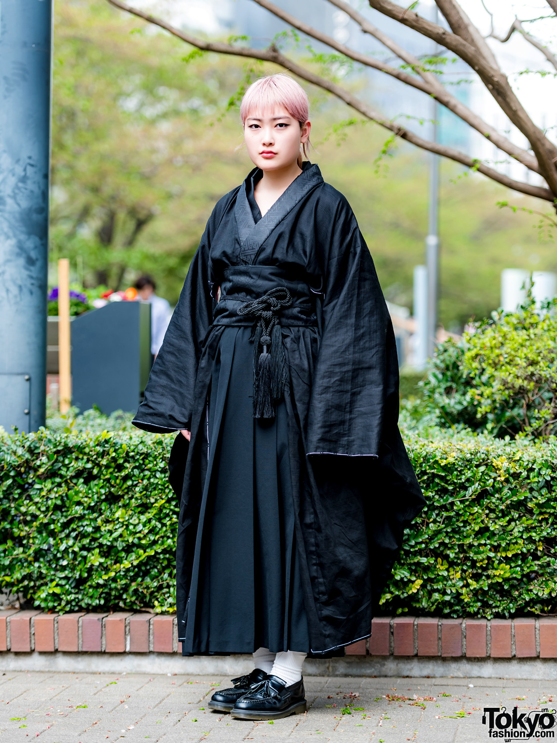 Black Japanese Kimono Street Style w/ Tricot Comme des Garcons & Dr. Martens