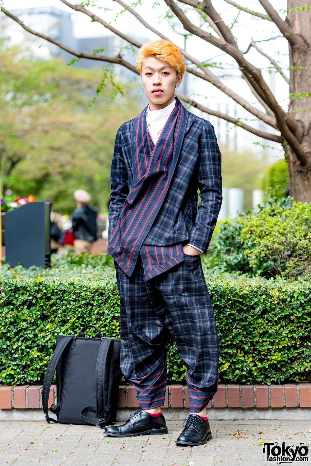 Harajuku Guy in Plaid Japanese Street Style w/ Vivienne Westwood, Manhattan Portage & Regal