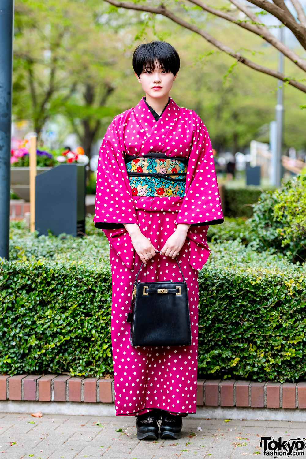 Pink Polka Dot Kimono, Floral Obi & Tokyo Bopper Shoes at Bunka Fashion College