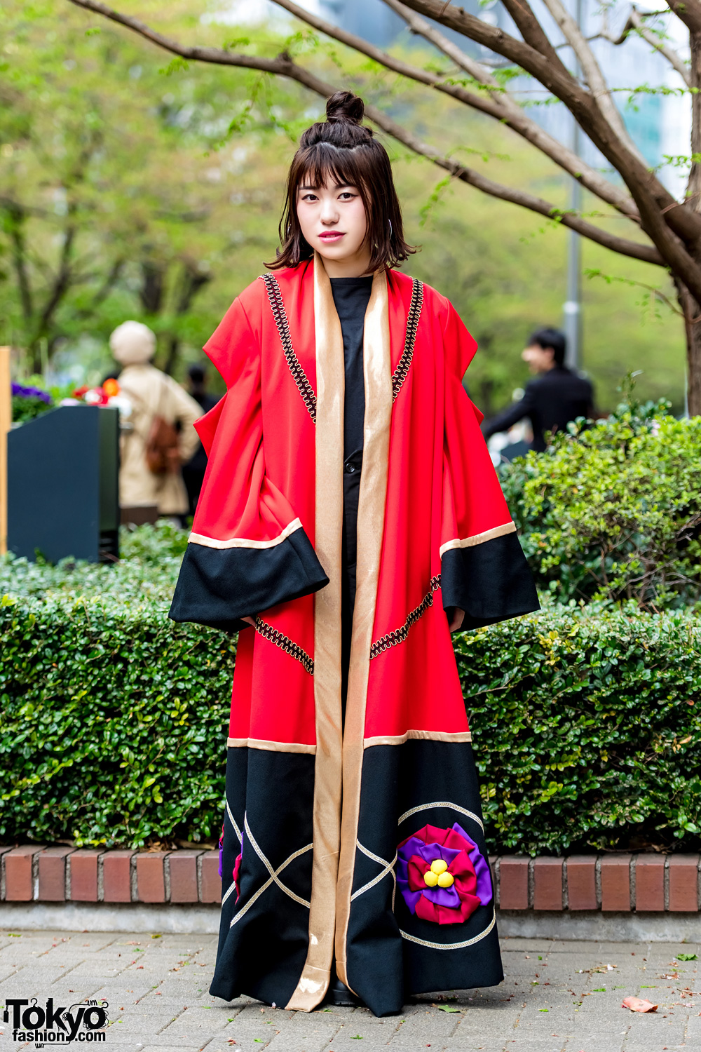 Red Kimono Coat & Black Leather Boots Street Style in Tokyo