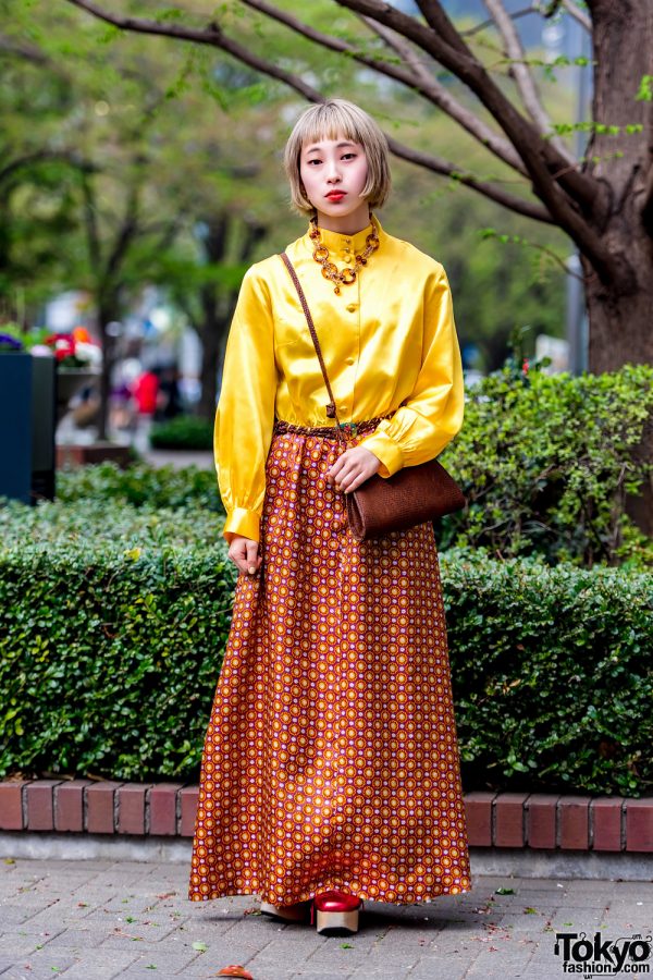 Tokyo Street Style w/ Vintage Gold Blouse, Floral Skirt, Kinji Bag & Jouetie Shoes
