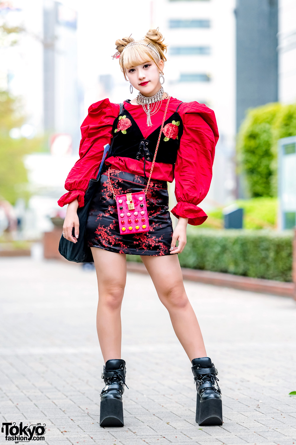 Red & Black Tokyo Street Style w/ ME Puff Sleeve Blouse, Yosuke Platform Boots & Kol Me Baby Chain Bag