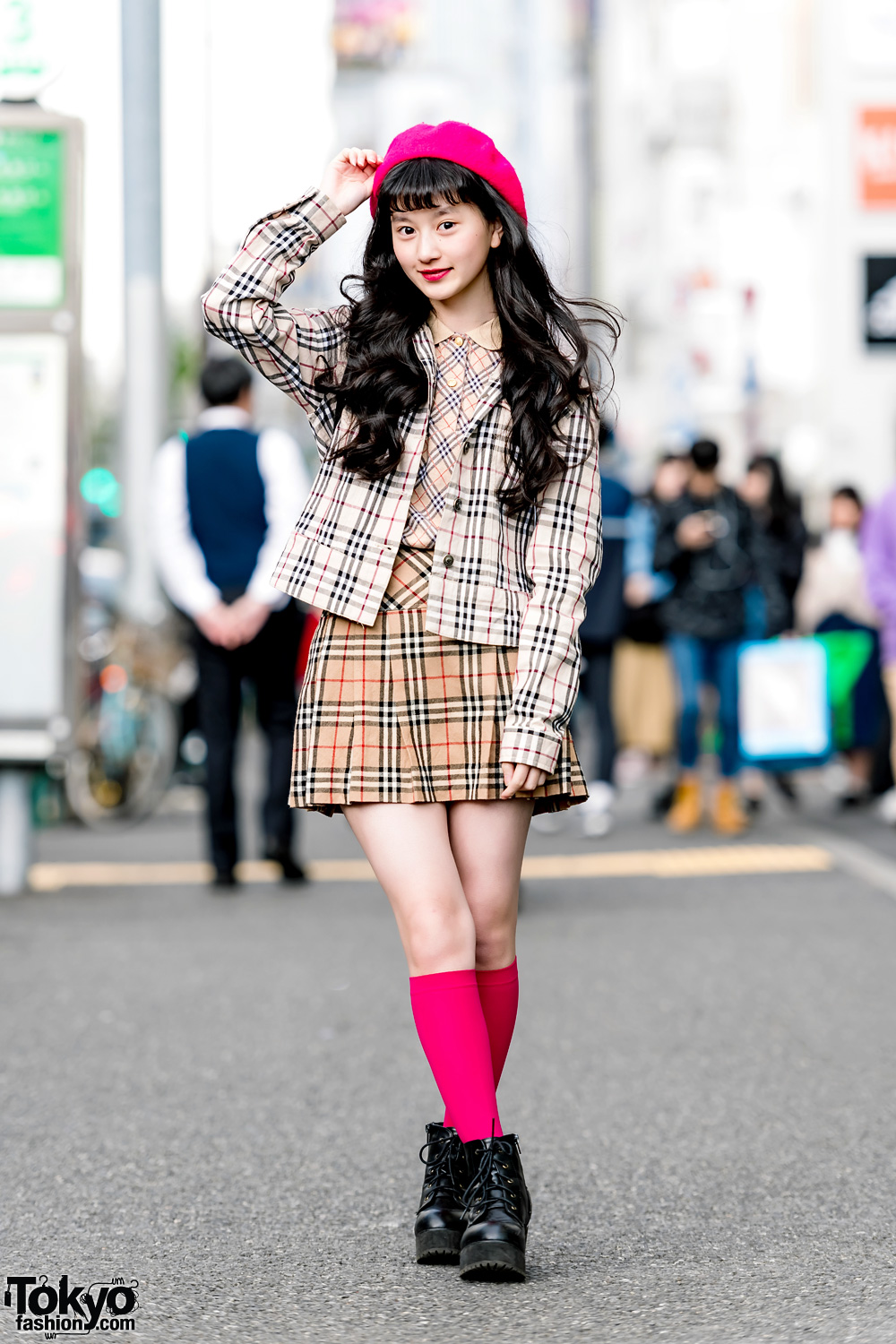 Japanese Model A-Pon in Harajuku w/ Burberry Plaid Fashion, Pink Beret & WEGO Boots