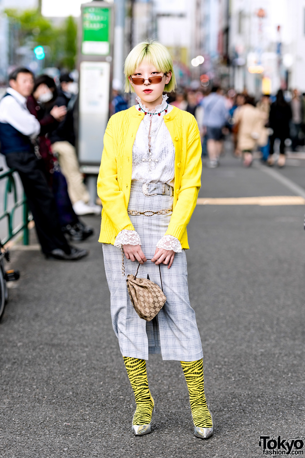 Modern Retro Street Style in Harajuku w/ Faith Tokyo Plaid Skirt, Metallic Slingbacks & Gucci Drawstring Pouch