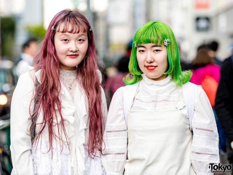 Pink & Green-Haired Japanese Girls in All White Layered Streetwear ...