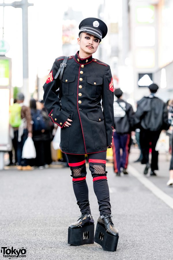 Japanese DJ in Military-Inspired Tokyo Streetwear w/ Vintage Navy Coat, MilkBoy Cutout Pants & Giant Platform Monster Shoes