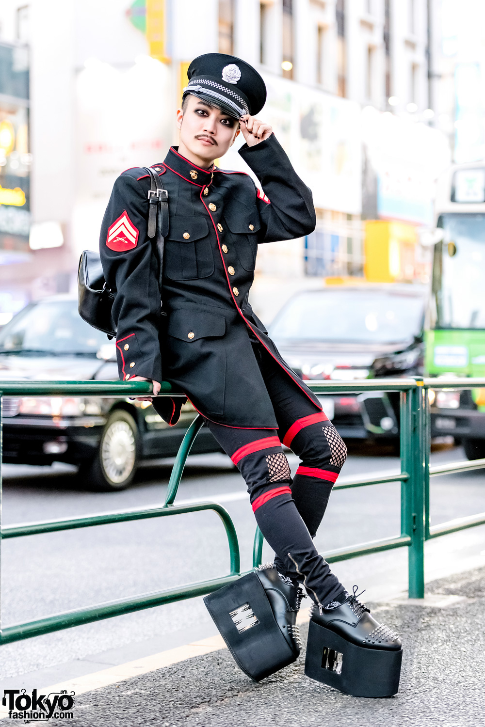Japanese DJ in Military-Inspired Tokyo Streetwear w/ Vintage Navy Coat, MilkBoy Cutout Pants & Giant Platform Monster Shoes