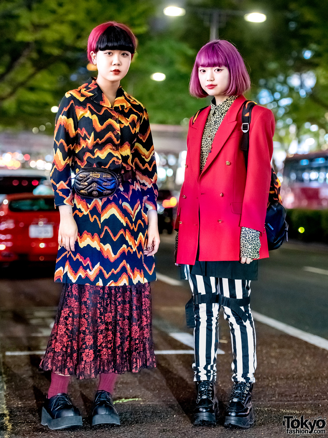 Mixed-Prints Tokyo Street Fashion w/ Coat Dress, Bondage Pants, Flame Backpack & Platform Shoes