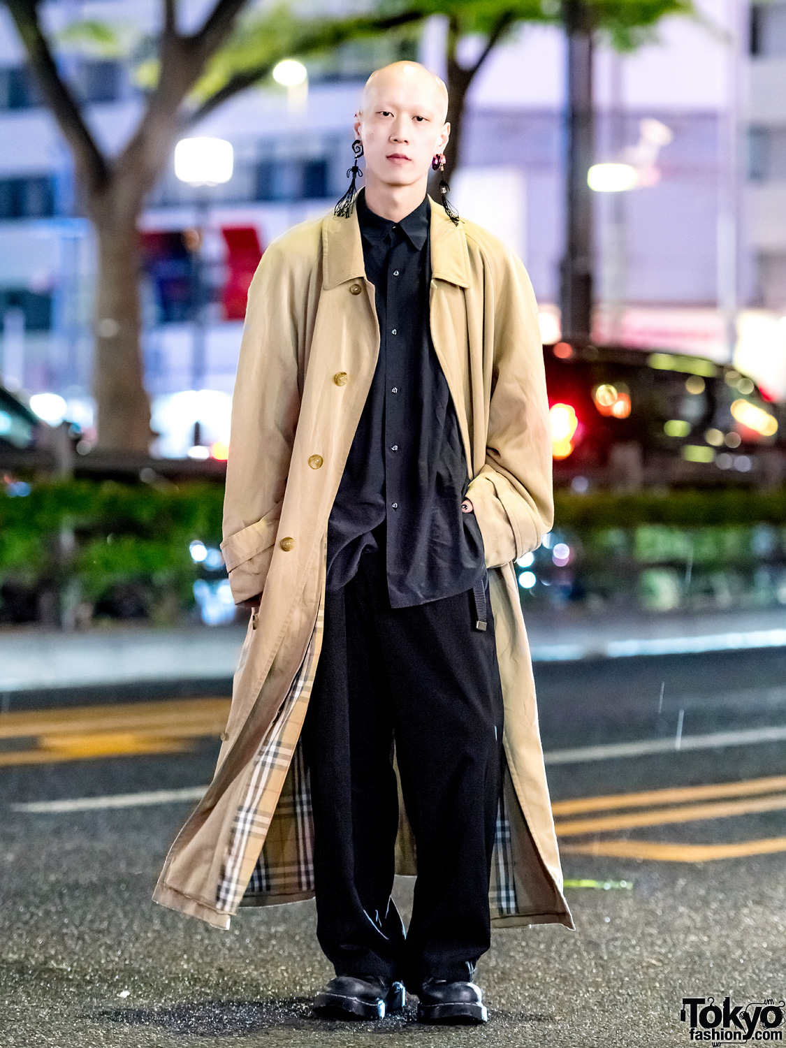 Harajuku Musician & Model in Minimalist Streetwear Style w/ Burberry Coat, Y's Shirt, Dr. Martens Shoes & Statement Tassel Earrings