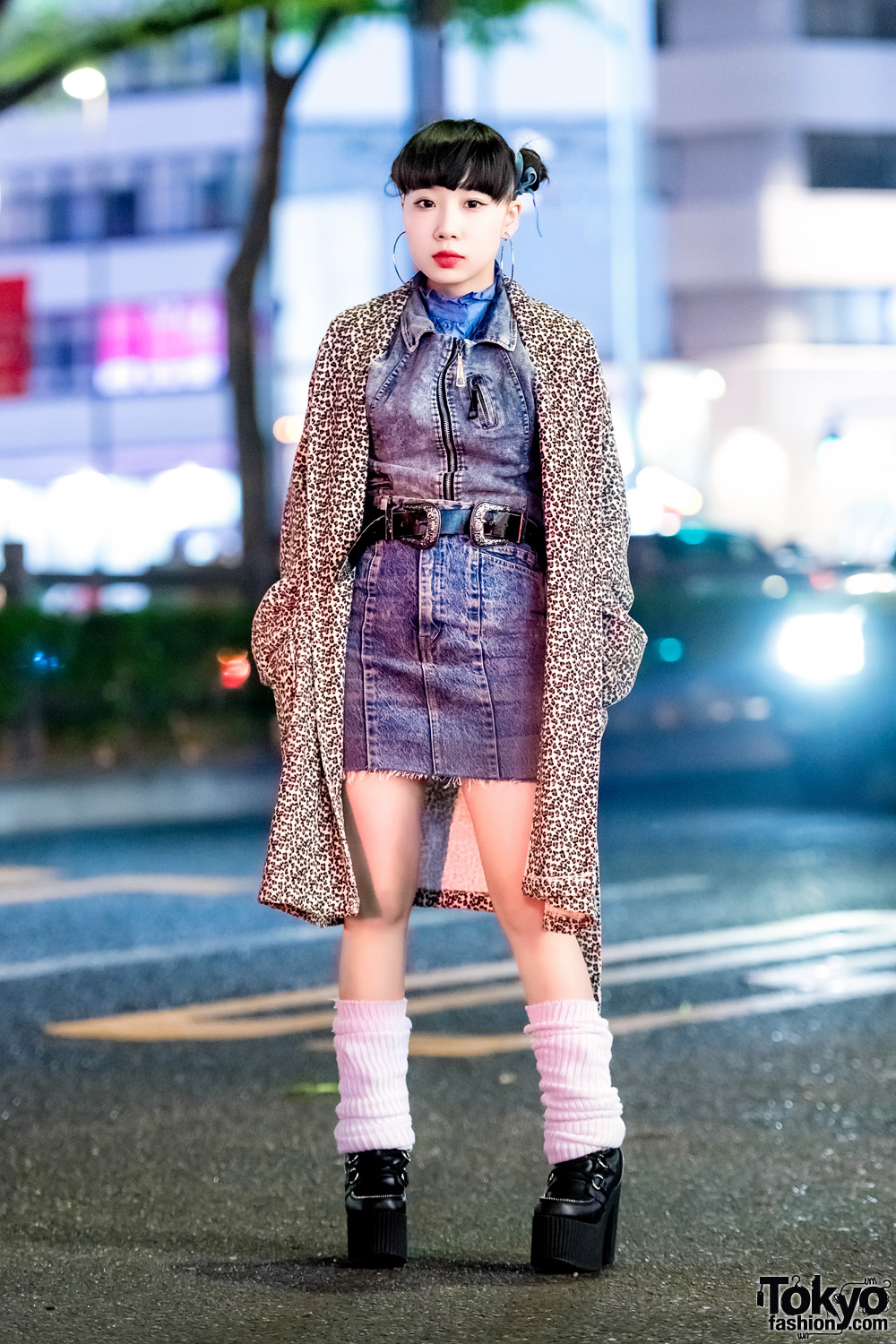 Harajuku Street Style w/ Leopard Print Coat, Remake Denim Skirt & Dolls Kill Platform Booties