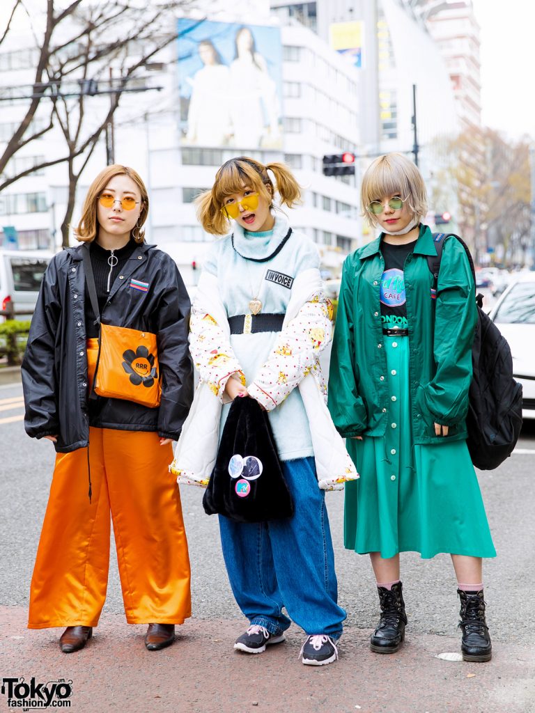 Harajuku Girl Trio Street Styles w/ Orange Satin Pants, Dress Over ...