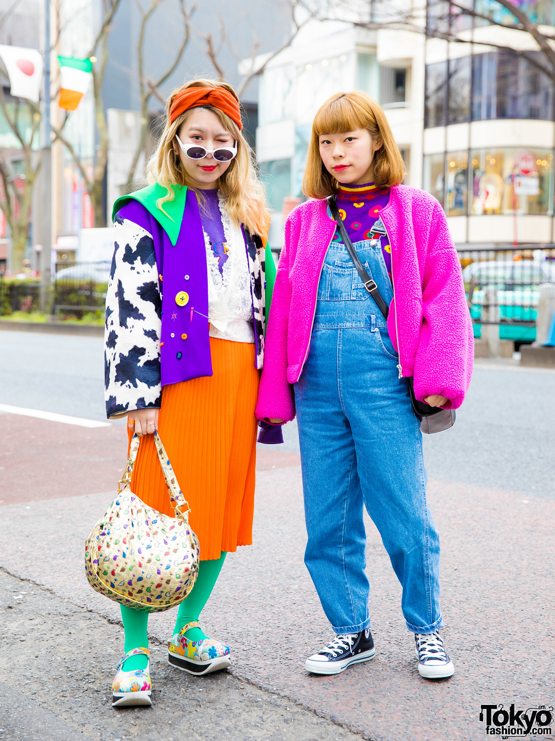 Harajuku Colorful Street Styles w/ Handmade Jacket, Floral Print Mary Janes, Pink Faux Fur Jacket & Denim Overalls
