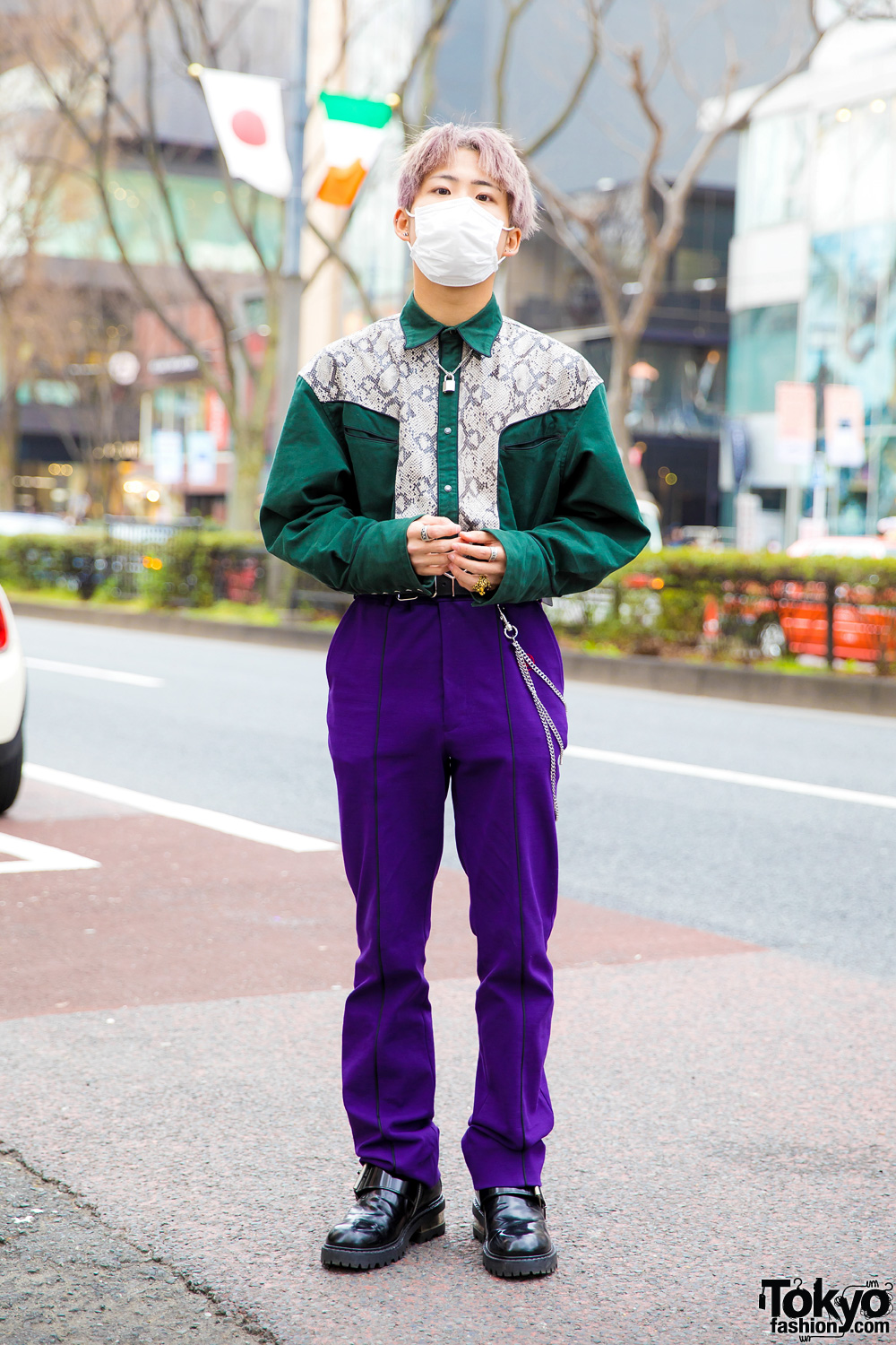 Harajuku Guy in John Lawrence Sullivan Snakeskin Shirt, Purple Pants & Maison Margiela Boots