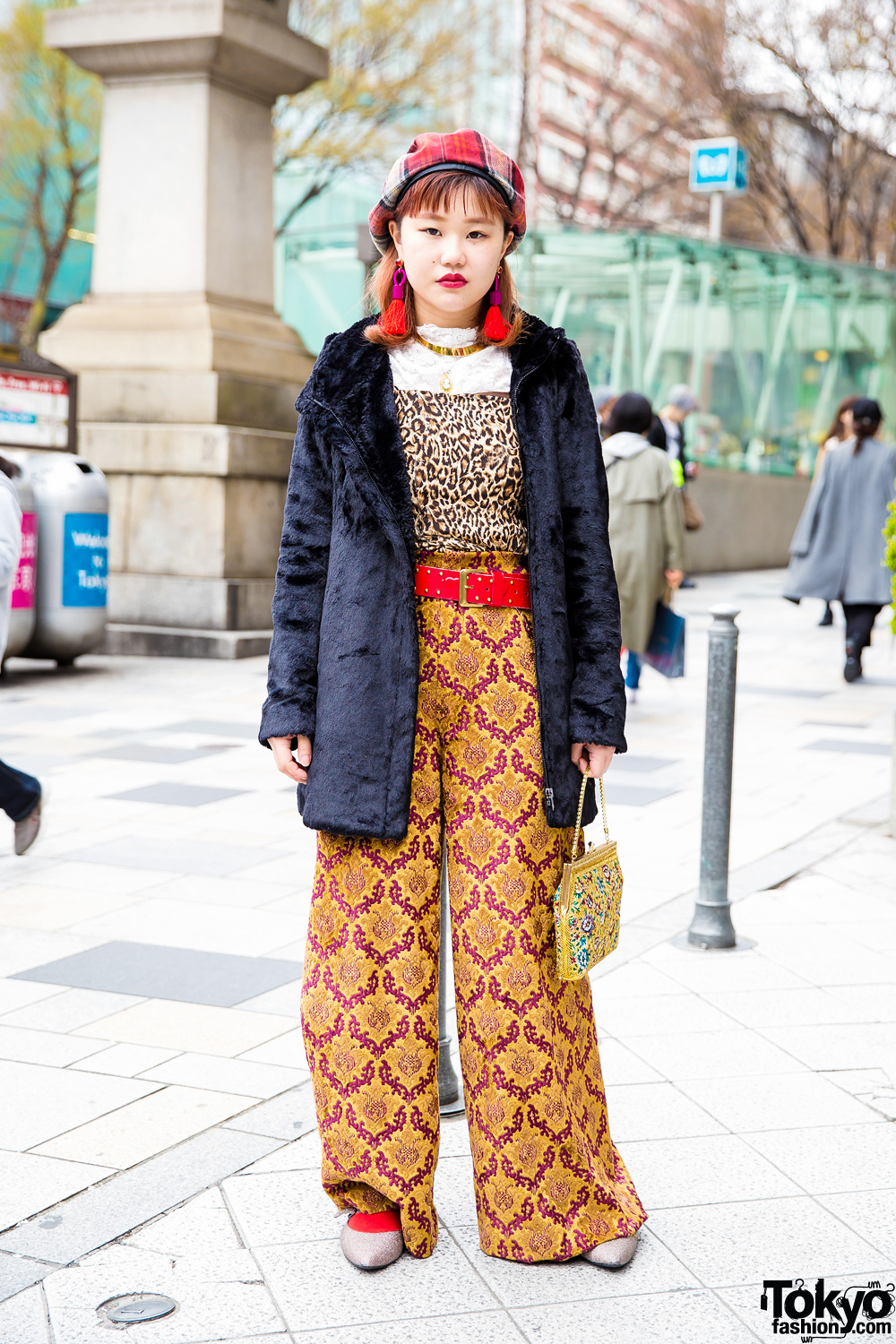 Vintage Harajuku Street Style w/ Mixed Prints, Furry Jacket, Tassel Earrings & Glitter Mary Jane Flats