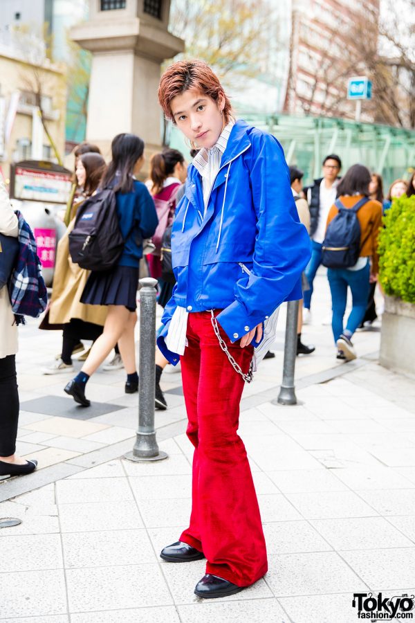 Harajuku Guy in Avalone Jacket, Kansai Yamamoto Striped Top & Bright Red Flared Pants