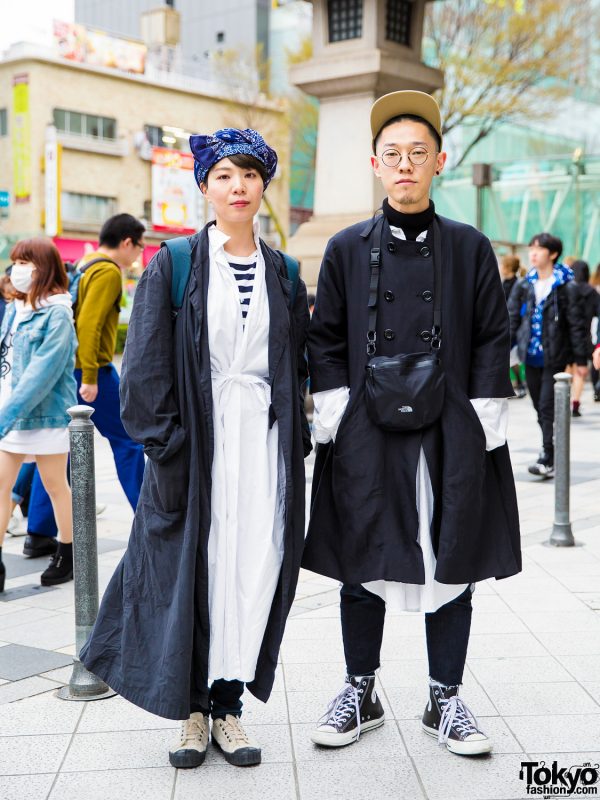 Japanese Hair Stylists in Layered Monochrome Street Styles w/ The North Face Sling Bag, Converse Sneakers & Printed Head Scarf
