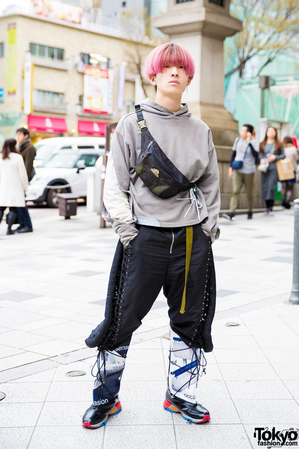 Pink-Haired Guy in Eclectic Streetwear w/ A-Cold-Wall, Hood By Air, Adidas & Xander Zhou Statement Boots